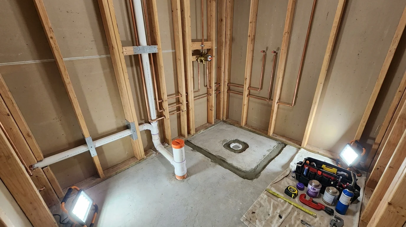 Bathroom rough-in plumbing during remodel by Johns Plumbing LLC in Kentwood