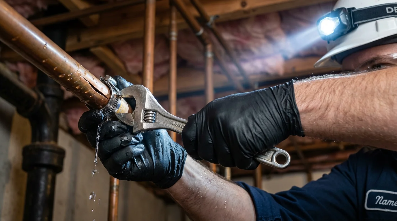 Emergency pipe clamp repair being performed by a Johns Plumbing LLC plumber in Kentwood