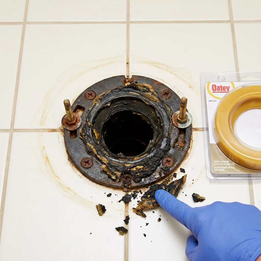 Failed wax ring showing water seepage at the base of a toilet in a Kentwood, LA home