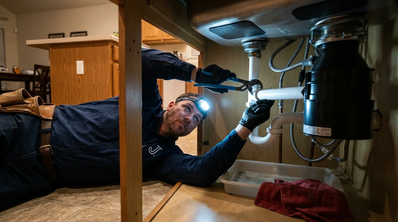 P-trap and supply line connections under a kitchen sink showing a common leak point in Kentwood, LA